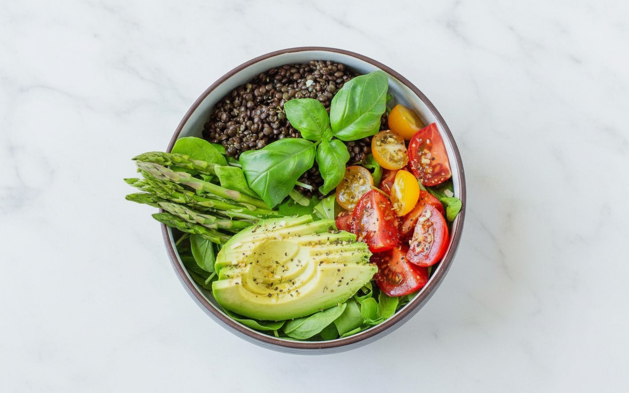 Ensalada de Lentejas con Espinaca, Espárragos, Tomate y Palta