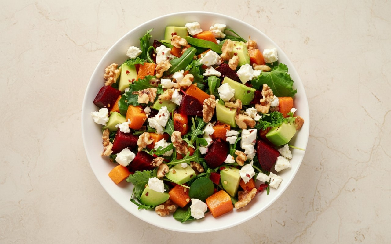 Ensalada Dulce con Camote, Betarraga, Nueces, Queso y Palta