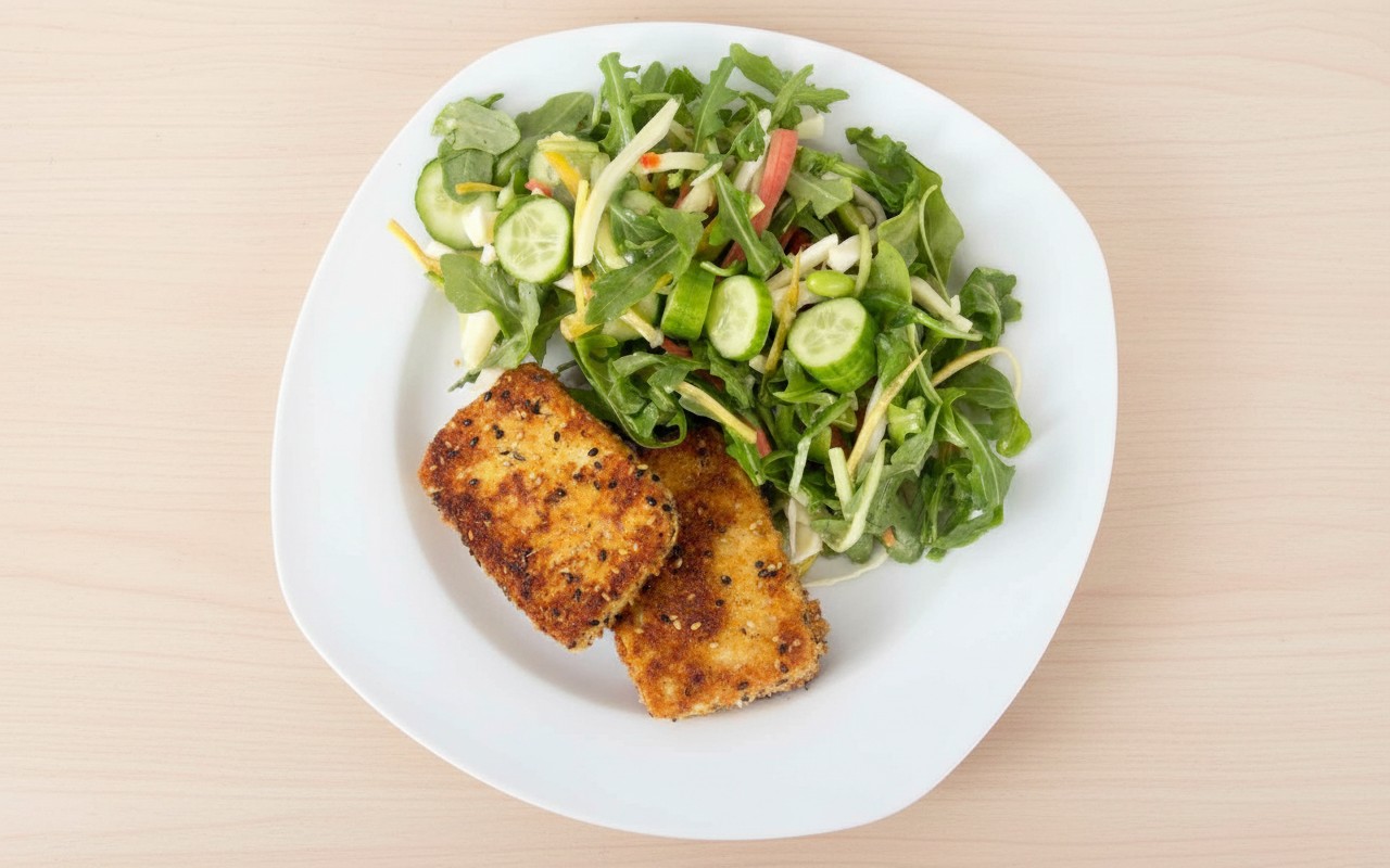 Tofu Empanizado con Ensalada Verde