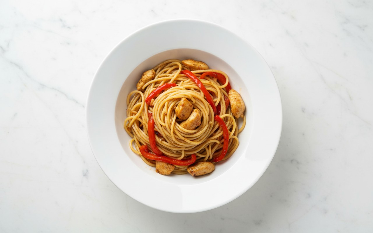 Pasta con Pollo y Pimiento Salteado