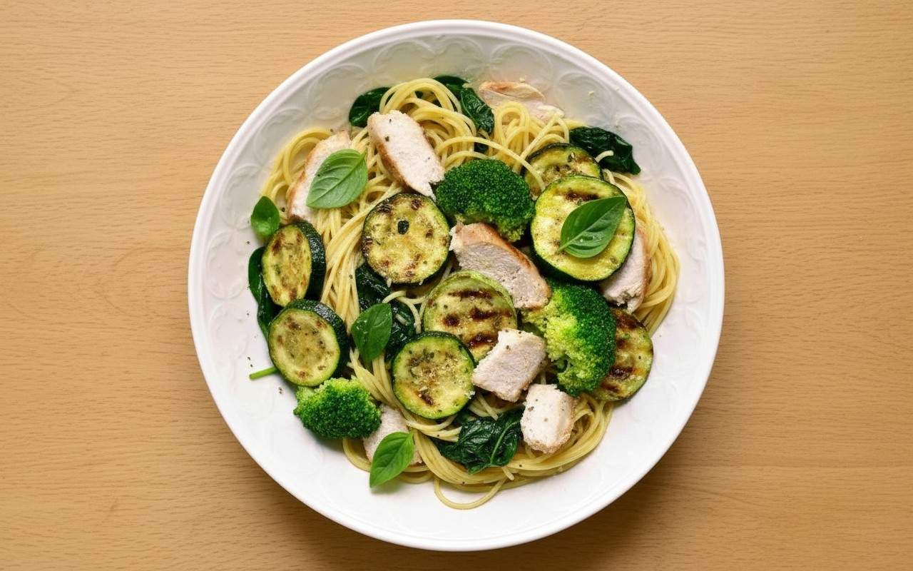 Pasta con Pollo y Verduras en Aceite de Oliva