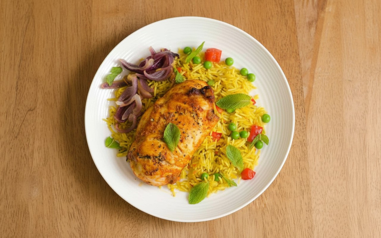 Pollo Marinado con Arroz Amarillo y Cebolla Salteada