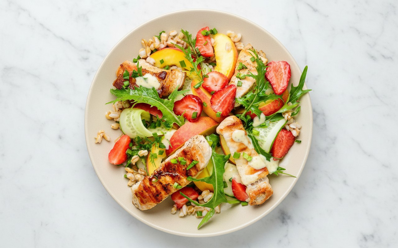 Ensalada con Trigo, Pollo, Frutas y Aliño de Yogurt