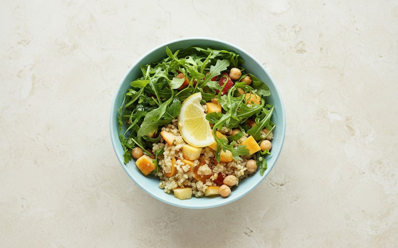 Bowl de Quinua con Garbanzos, Pera, Rúcula y Aliño Dulce