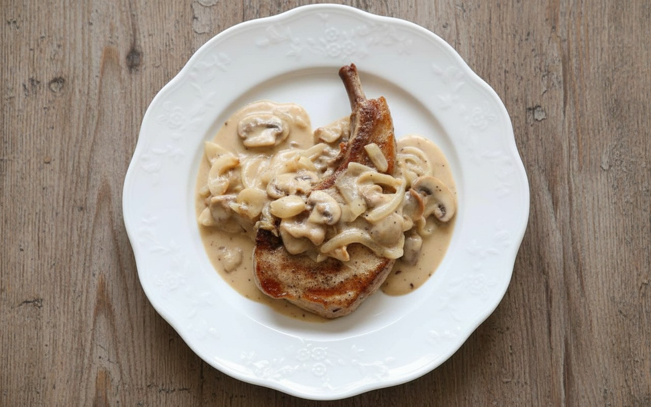 Cerdo con Salsa de Champiñones y Cebolla