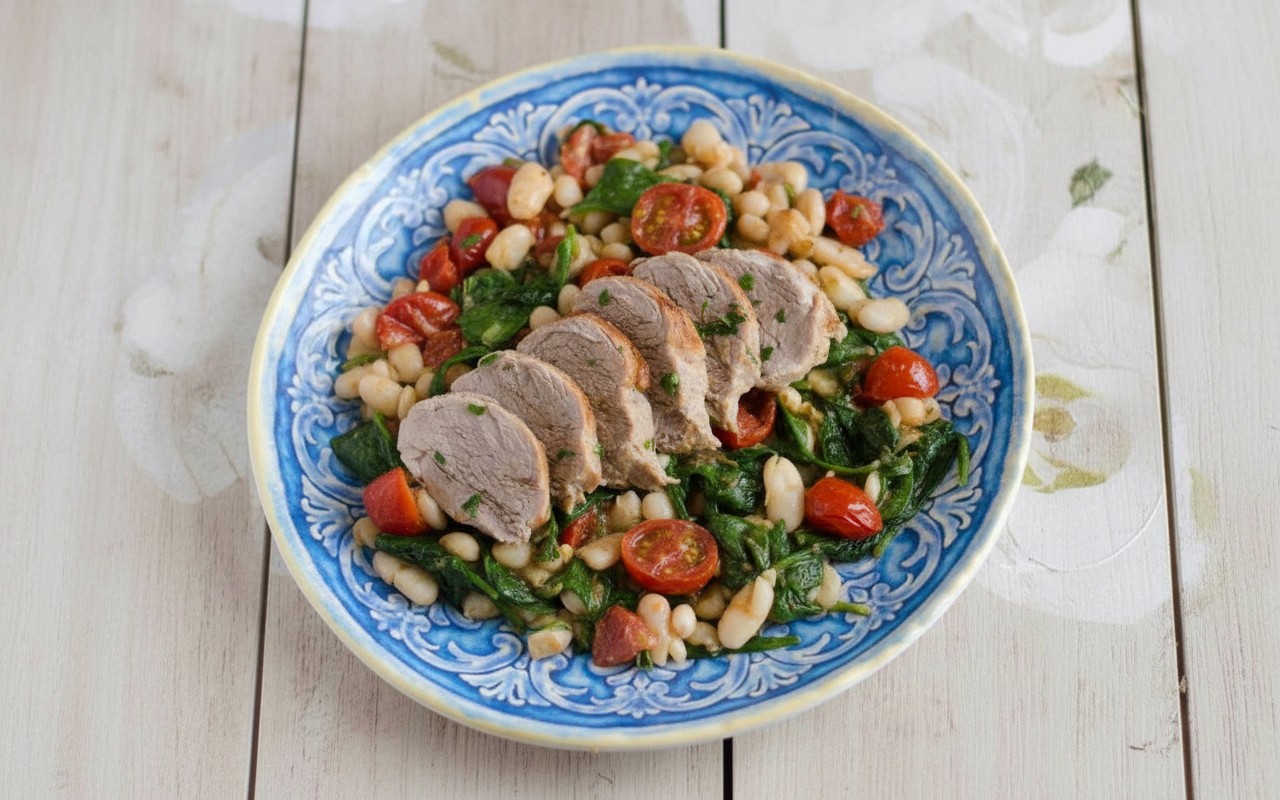 Asado de Cerdo con Espinaca y Ensalada de Frijoles