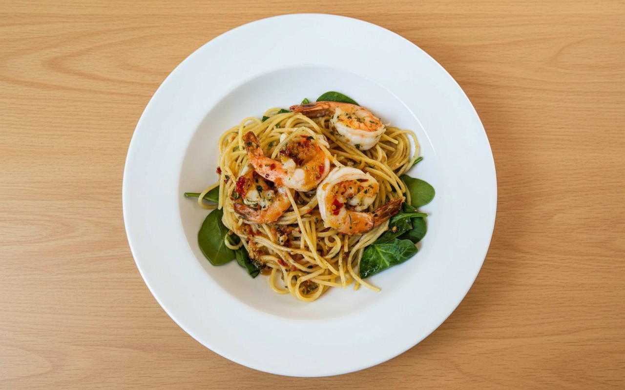 Pasta con Camarones al Ajo en Espinaca