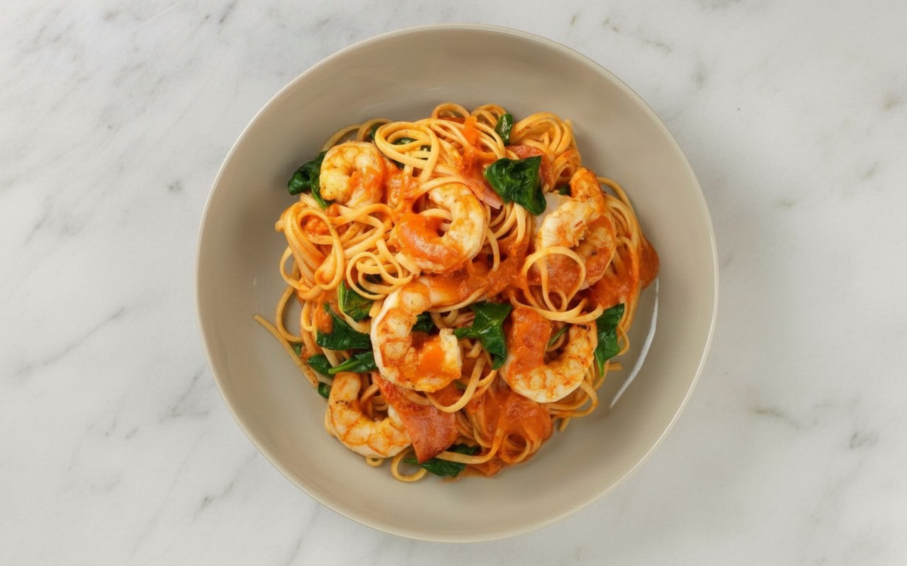 Pasta con Camarones en Salsa de Tomate y Espinaca