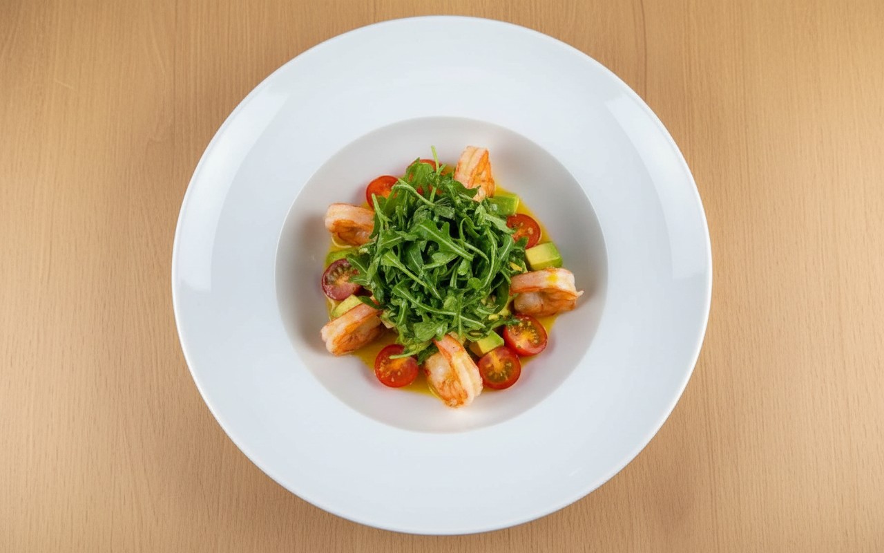 Camarones con Rúcula, Palta, Tomate y Aliño Dulce