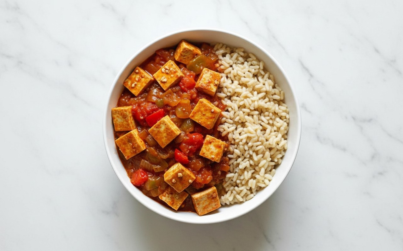 Guiso de Tofu con Pimientos y Arroz
