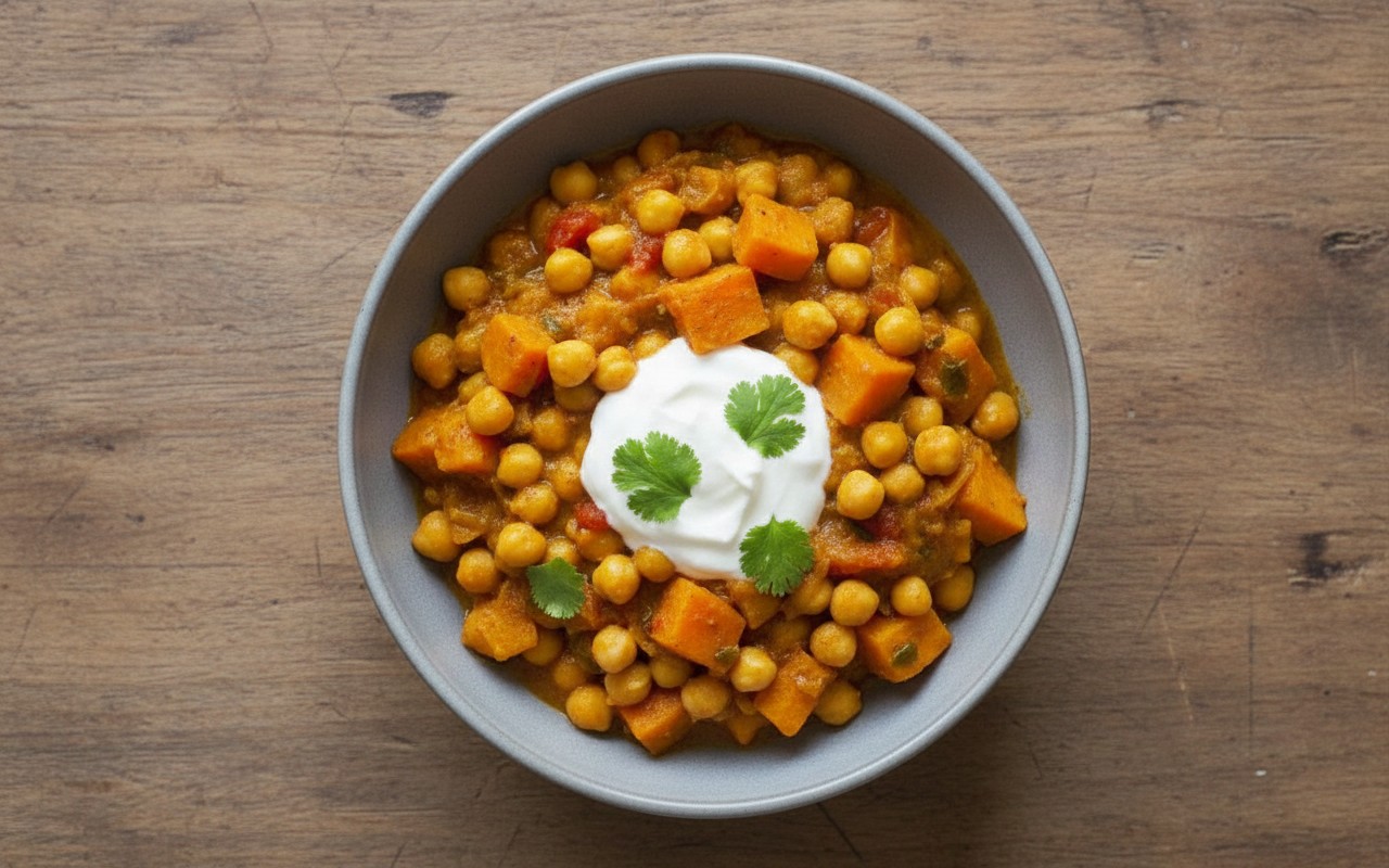 Garbanzos con Camote al Curry con Salsa de Yogurt