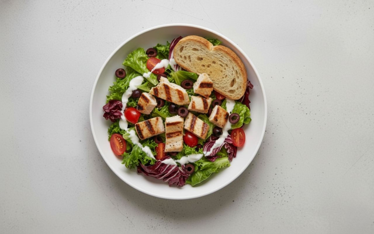 Ensalada Verde con Pollo, Aceitunas y Aliño de Yogurt