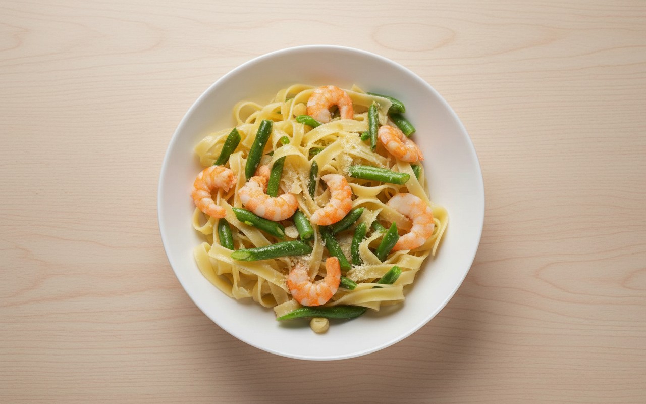 Pasta con Camarones y Vainitas