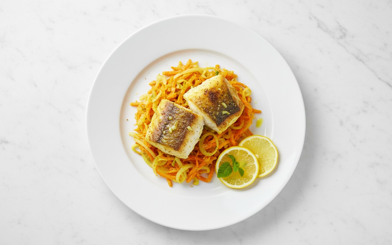 Pescado al Curry con Ensalada de Zanahoria y Cebolla
