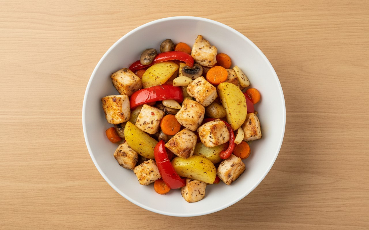 Pollo con Papas y Pimientos a la Plancha