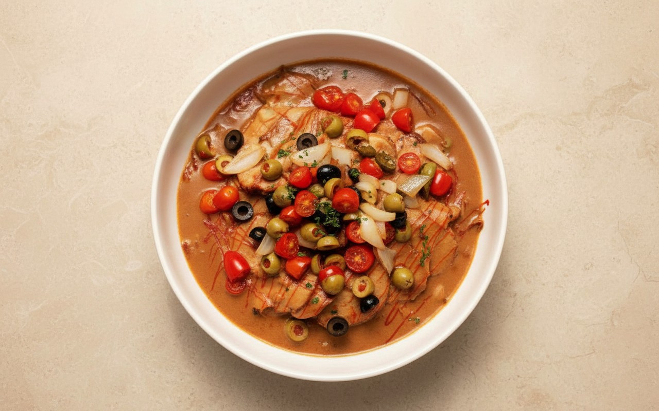 Pollo en Salsa con Tomate, Aceitunas y Cebolla