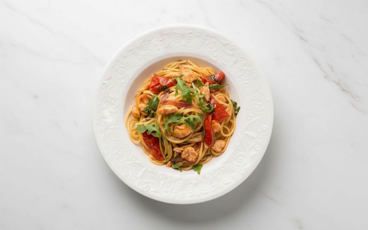 Pasta con Pollo Salteado, Tomate y Rúcula