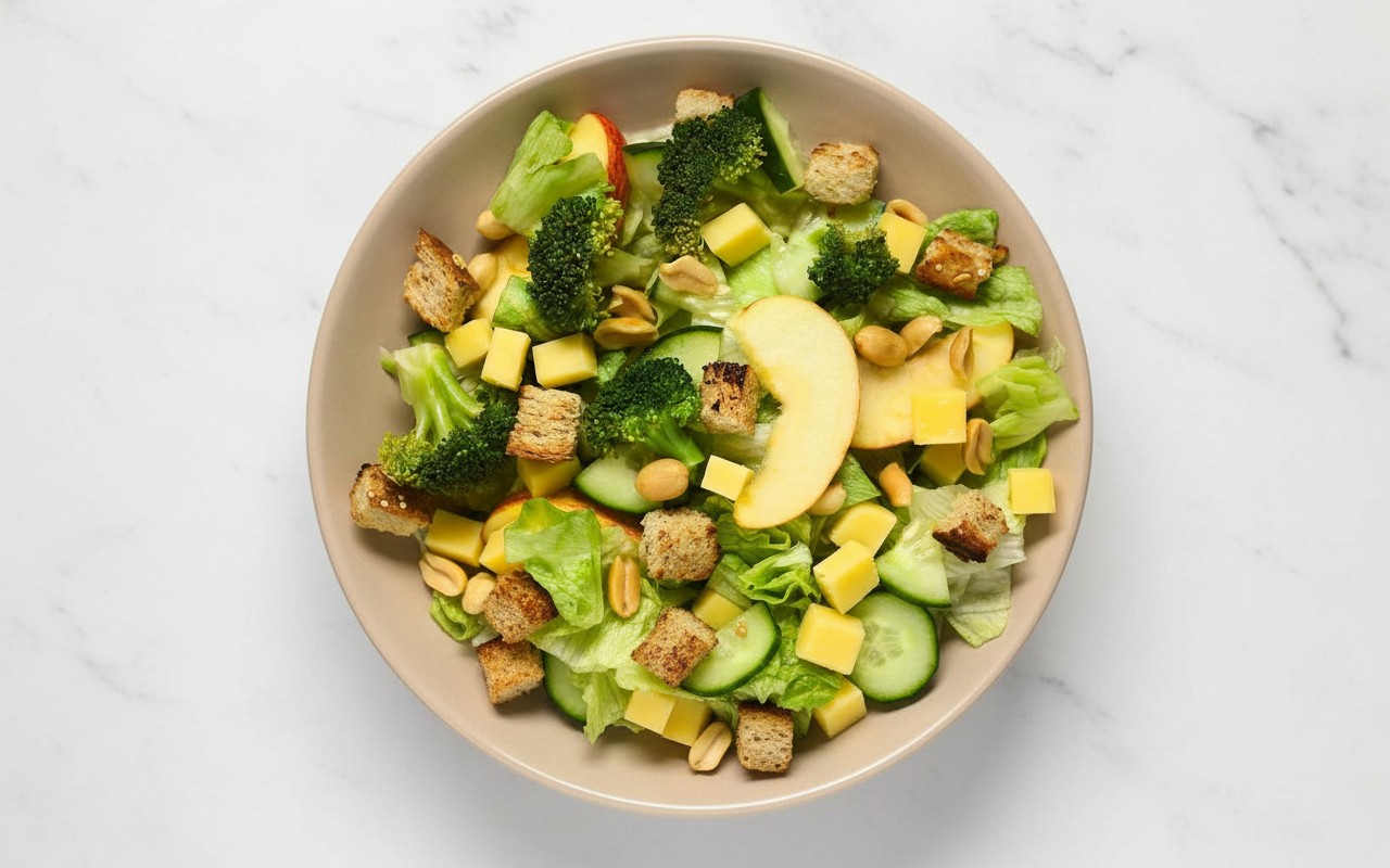 Ensalada Verde con Queso, Maní, Manzana y Crutones
