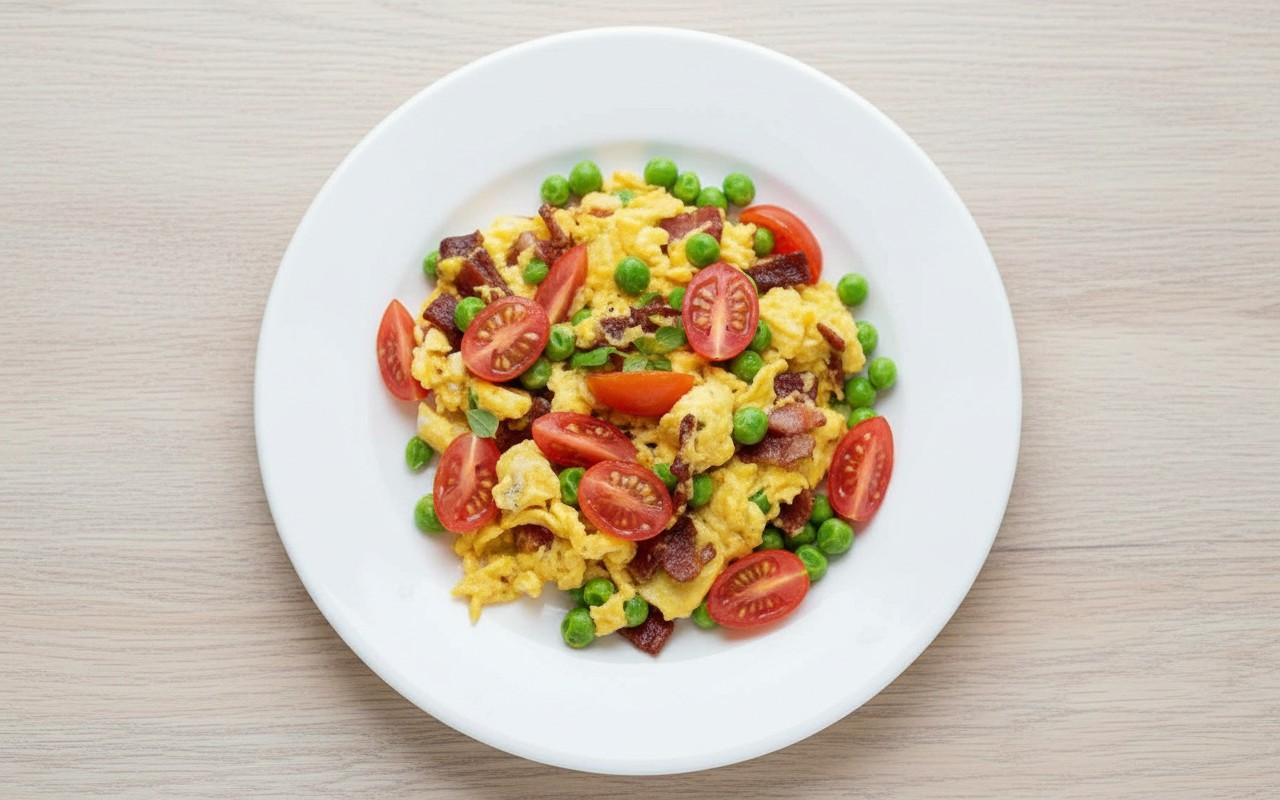Huevos Revueltos con Jamón, Arvejas y Tomate