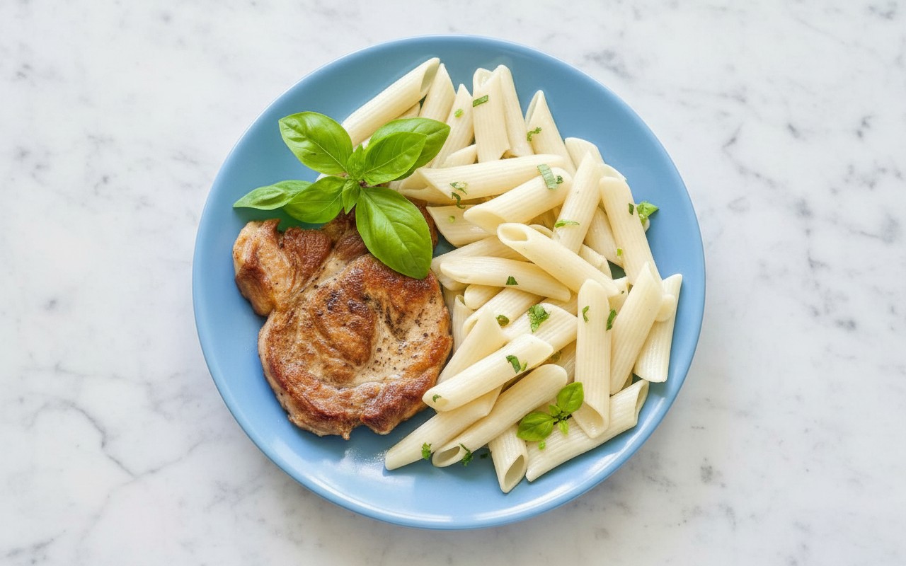 Cerdo a la Plancha con Pasta y Albahaca