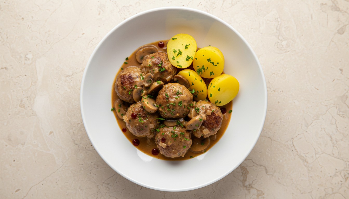 Albóndigas con Champiñones en su Salsa con Papas