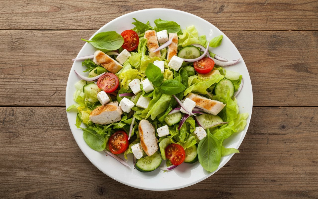 Ensalada de Pollo con Queso y Mix de Hojas Verde