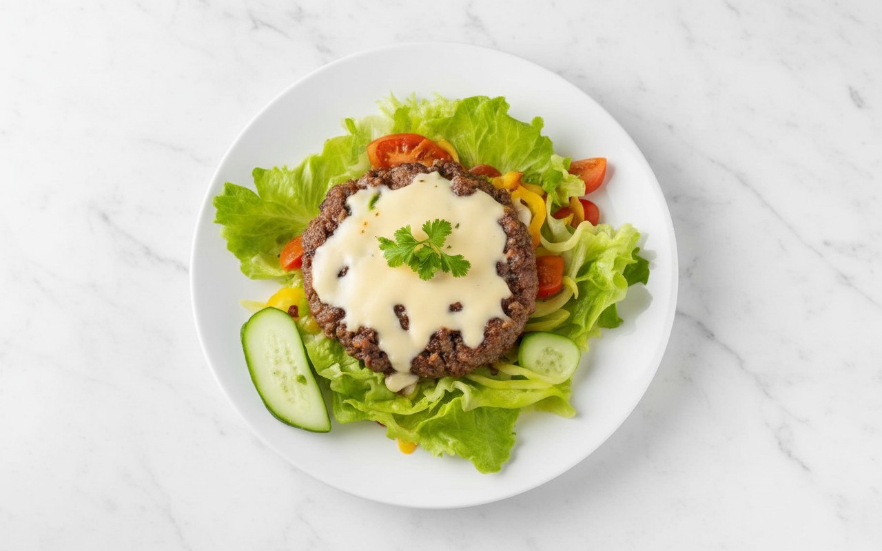 Hamburguesa con Queso y Ensalada Verde con Pimiento