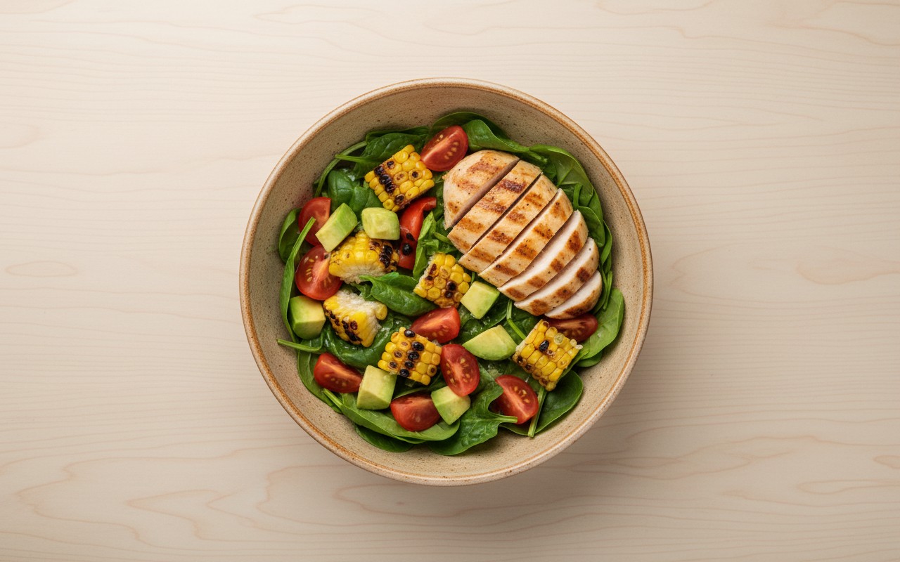 Ensalada de Choclo con Tomate, Palta y Pollo al Grill