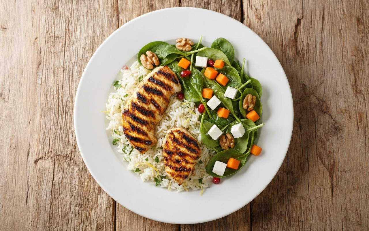 Pollo con Arroz y Ensalada Verde con Nueces y Queso