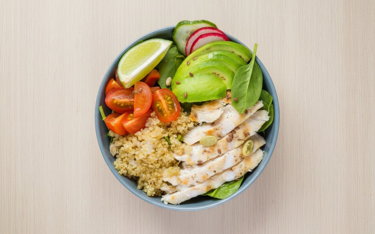 Bowl de Quinua con Pescado, Palta y Espinaca