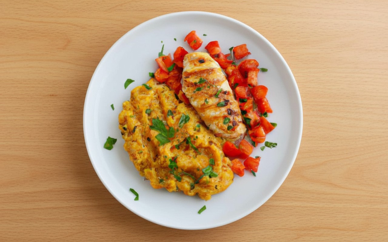 Pavo con Puré de Zapallo y Ensalada de Tomate