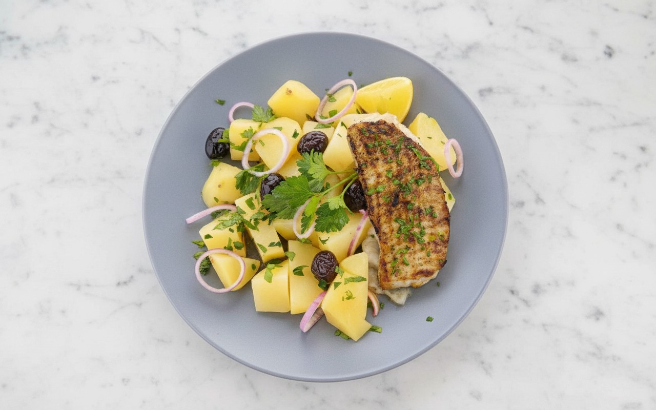 Pescado a la Plancha con Ensalada de Papas y Aceitunas