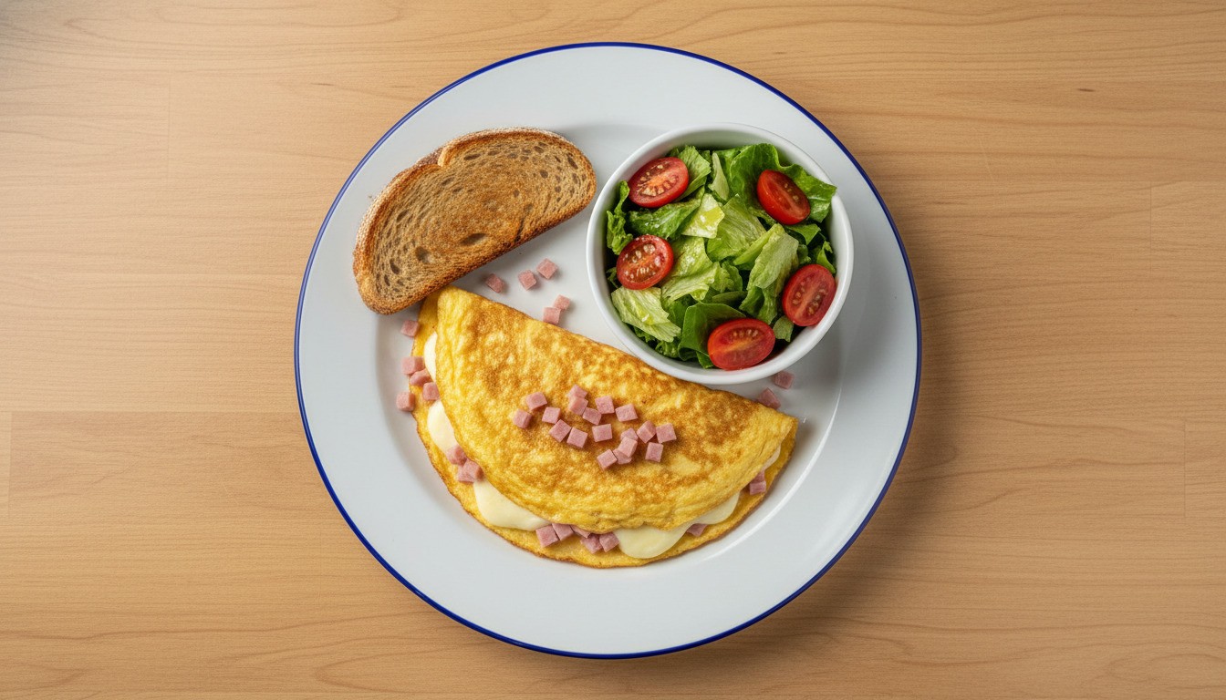 Omelette de Jamón y Queso con Pan y Ensalada