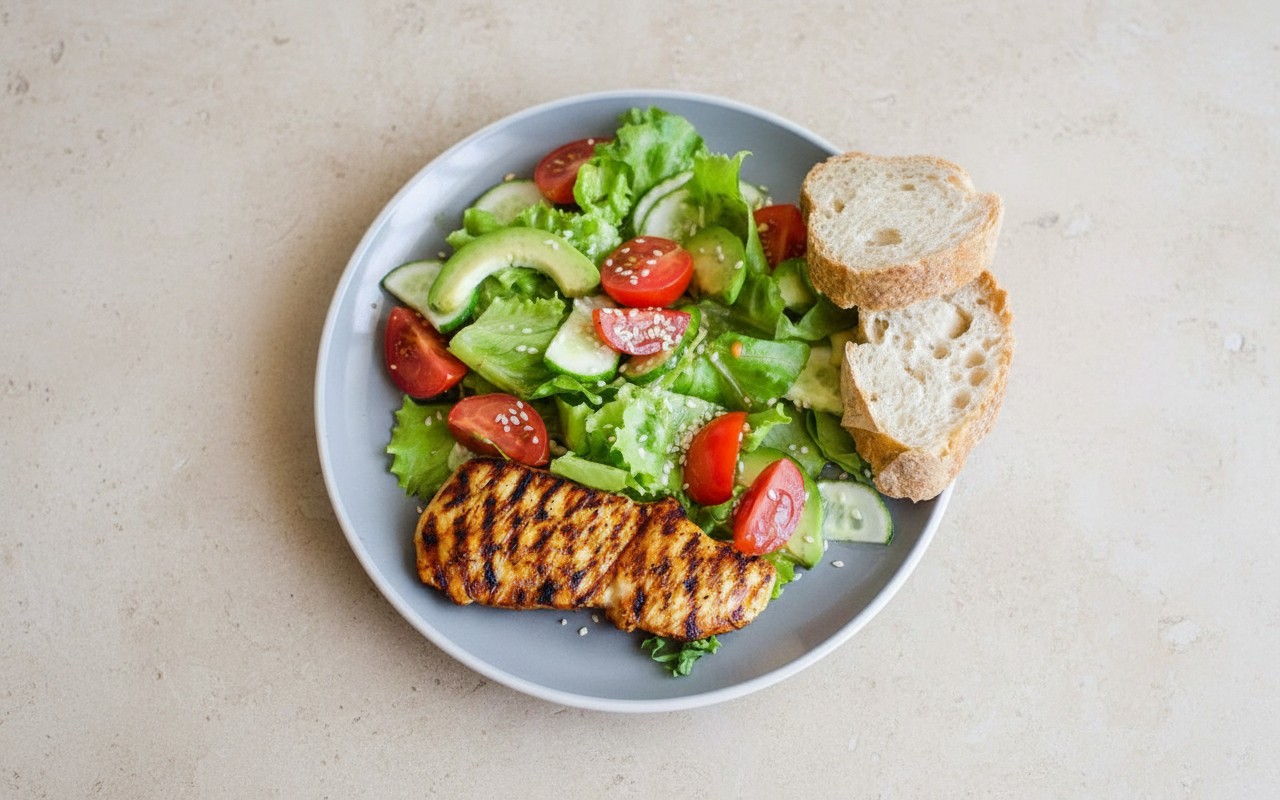 Pollo al Grill con Ensalada, Palta y Pan Tostado