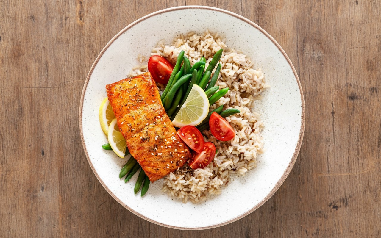 Pescado Marinado con Vainitas, Tomate y Arroz