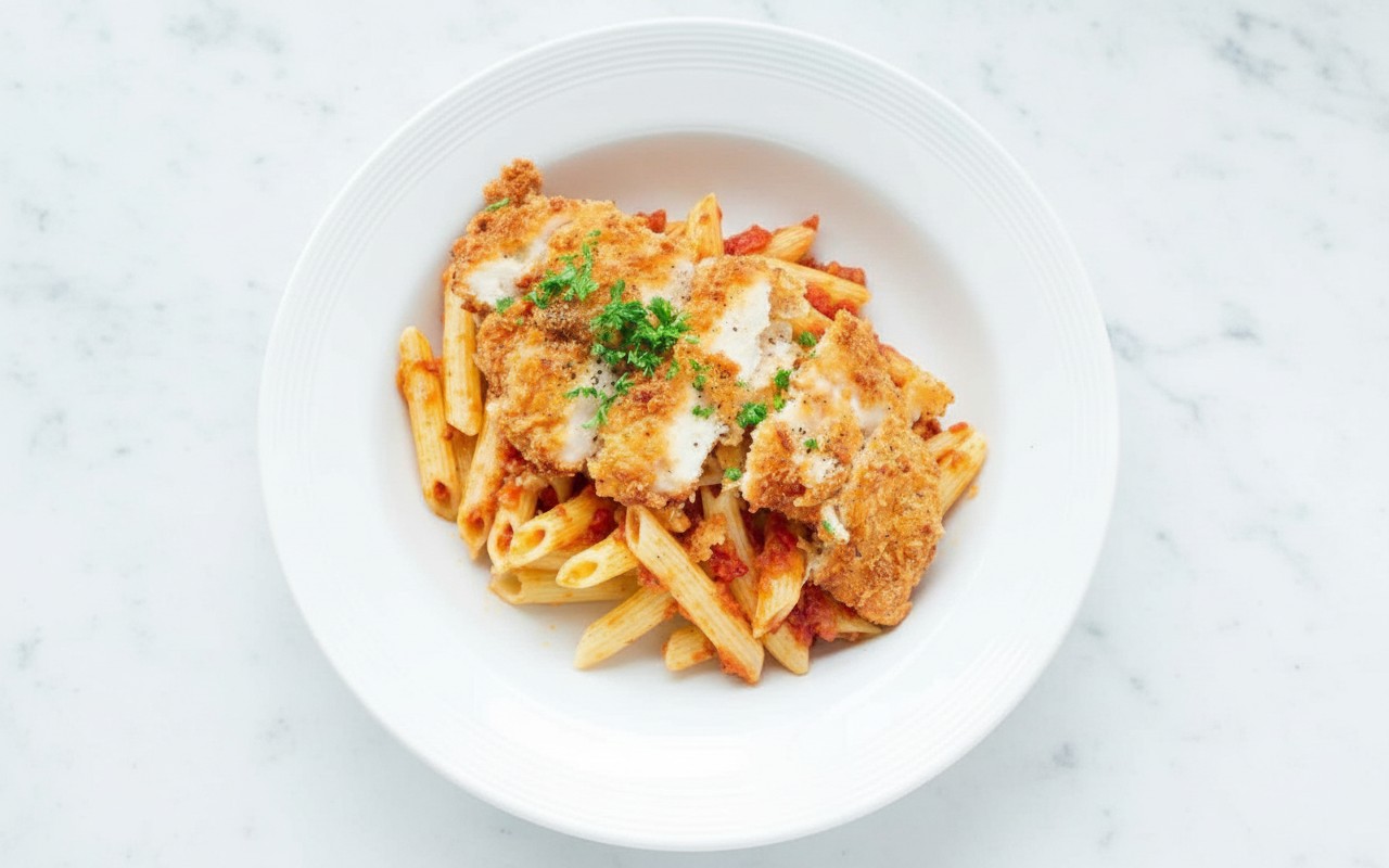 Pescado Empanizado con Pasta en Salsa de Tomate