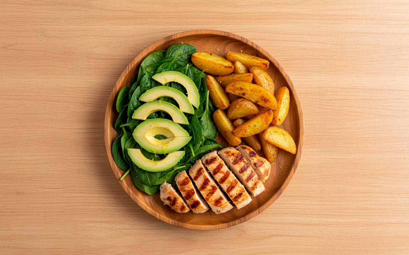 Pollo con Papas Doradas y Ensalada de Espinaca con Palta
