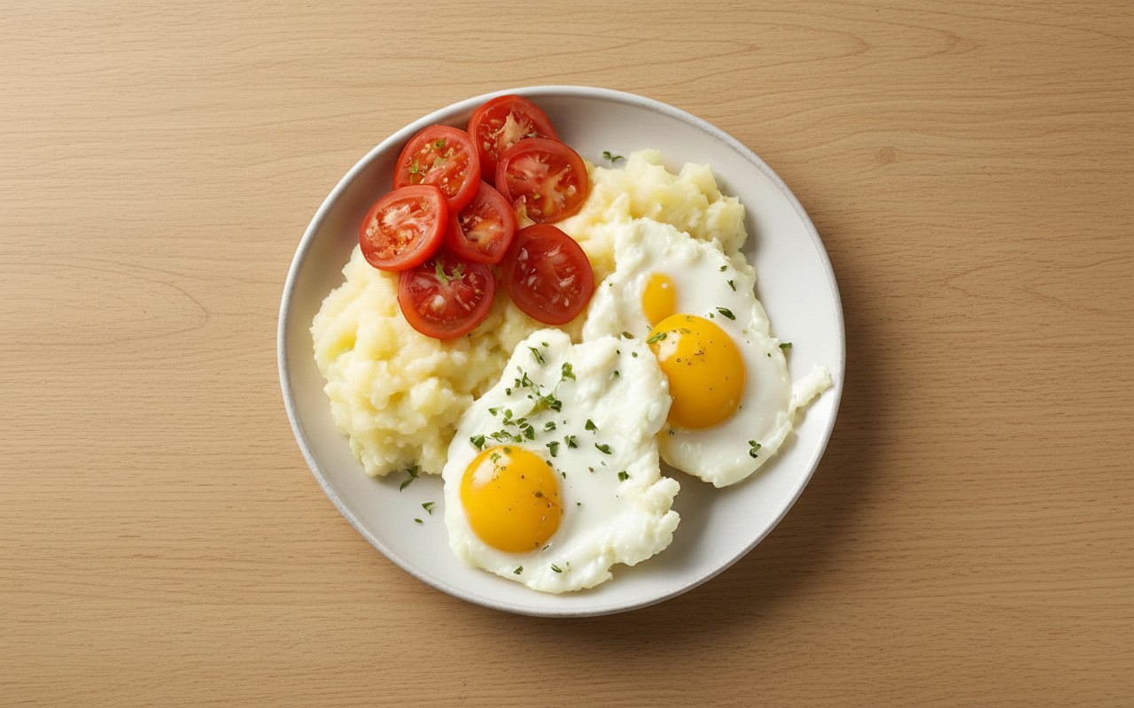 Puré con Huevos y Ensalada de Tomate