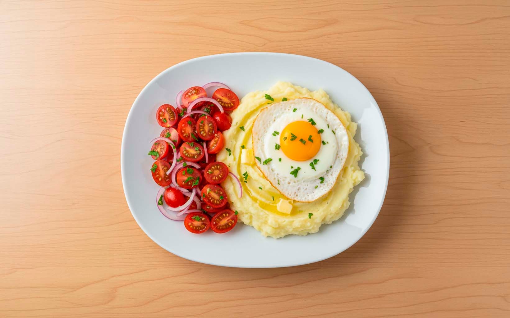 Puré con Huevos y Ensalada de Tomate con Cebolla