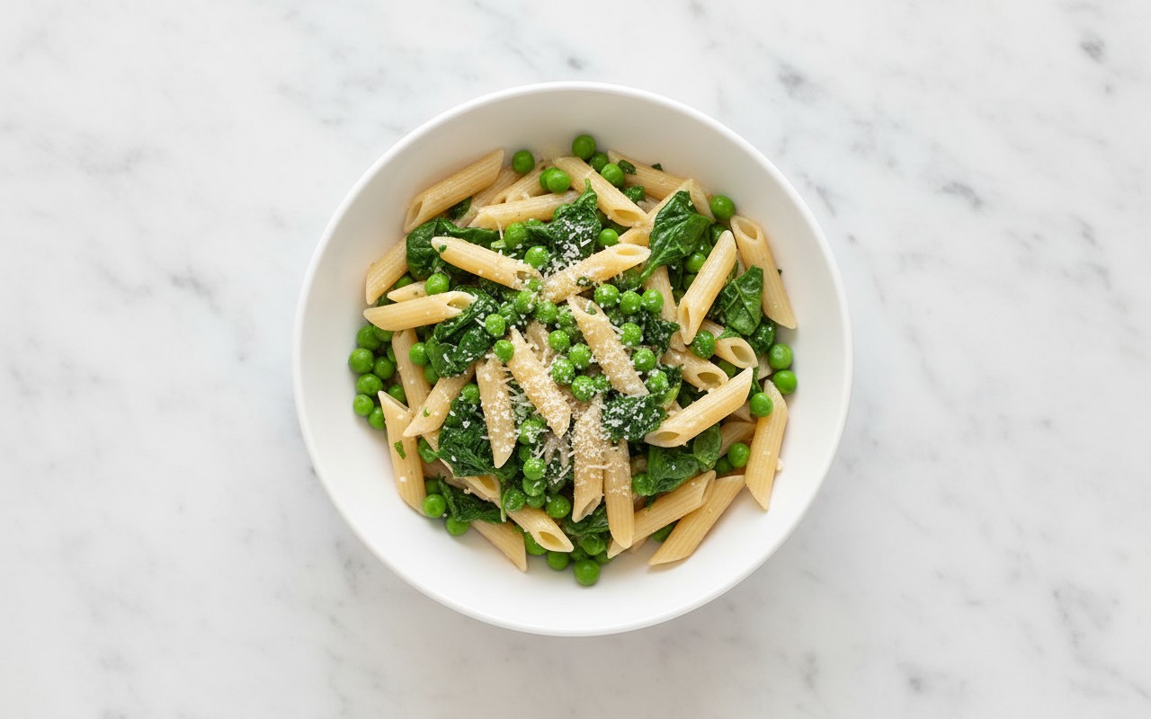 Pasta con Arvejas y Espinacas Guisadas