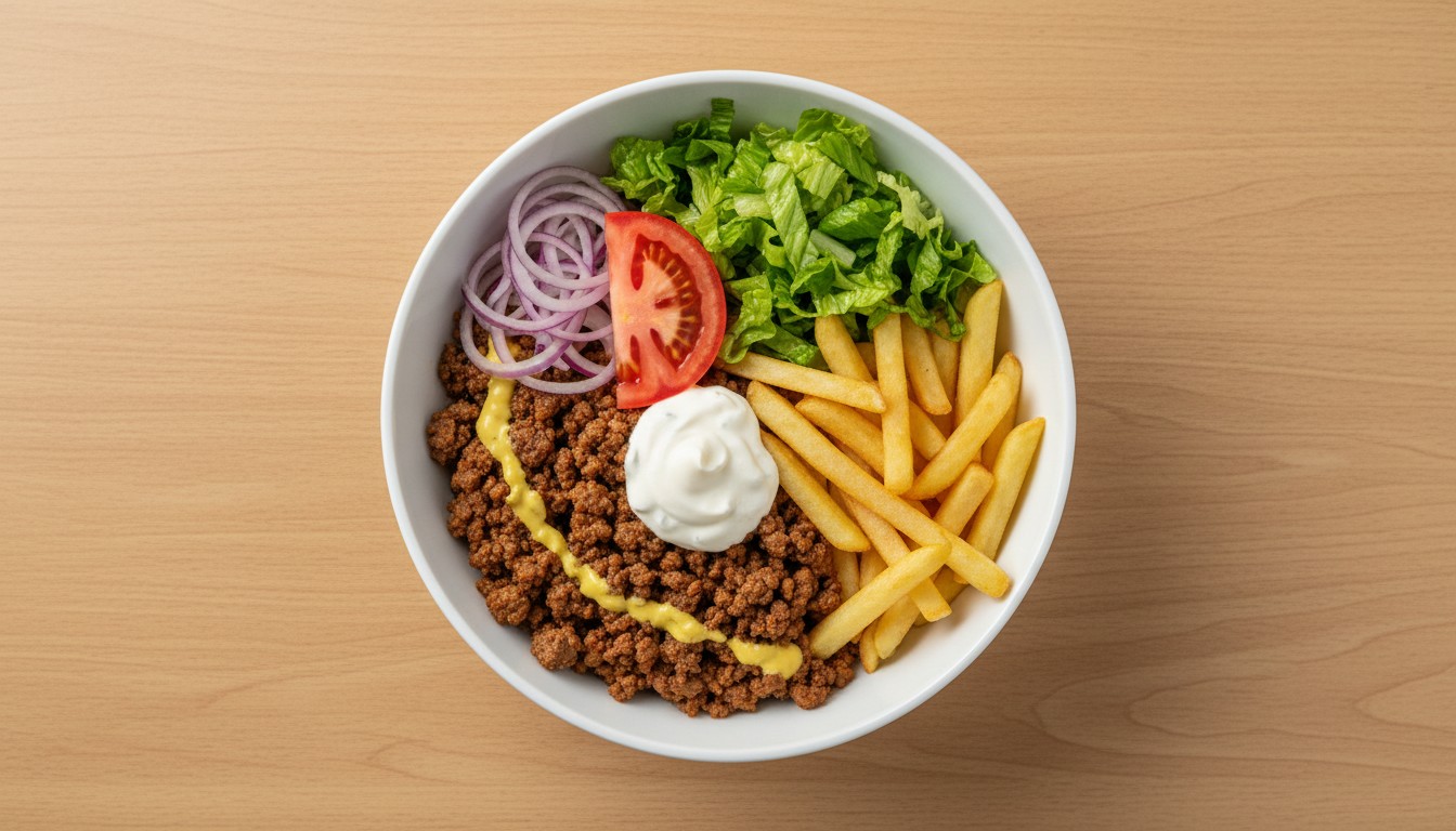 Bowl de Carne Molida con Papas Fritas, Lechuga, Cebolla y Tomate