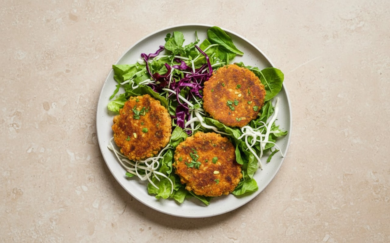 Tortitas de Garbanzos con Ensalada de Lechuga y Col