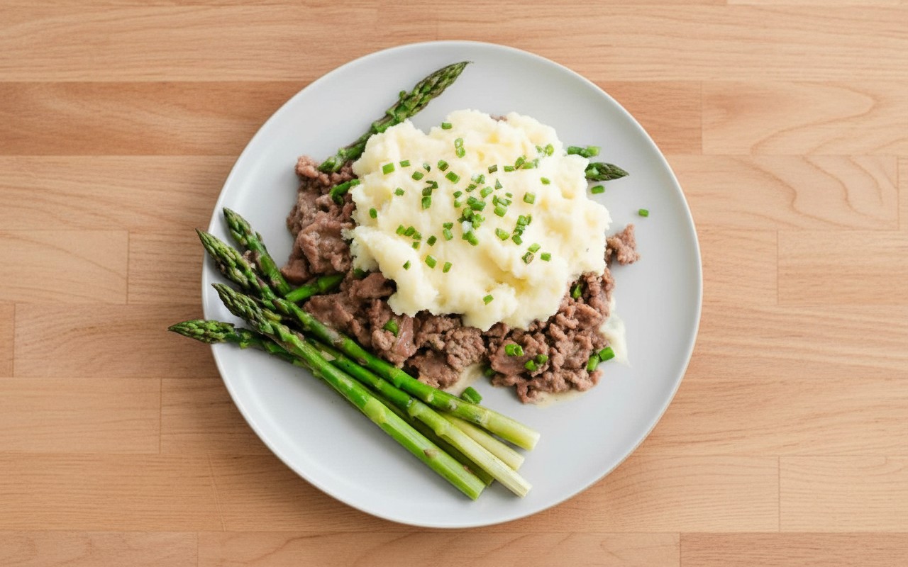 Carne Molida con Puré de Papas y Espárragos