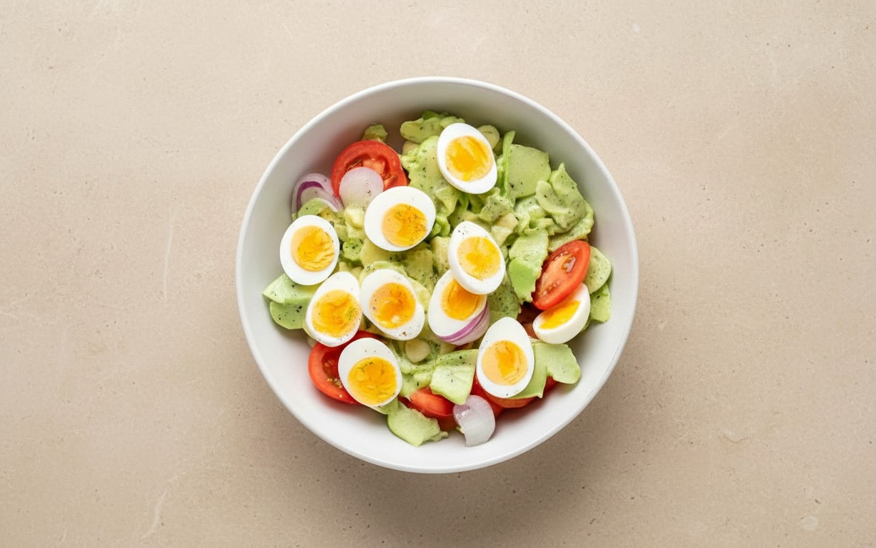 Ensalada de Huevo, Tomate, Lechuga, Cebolla y Papa con Aliño de Palta