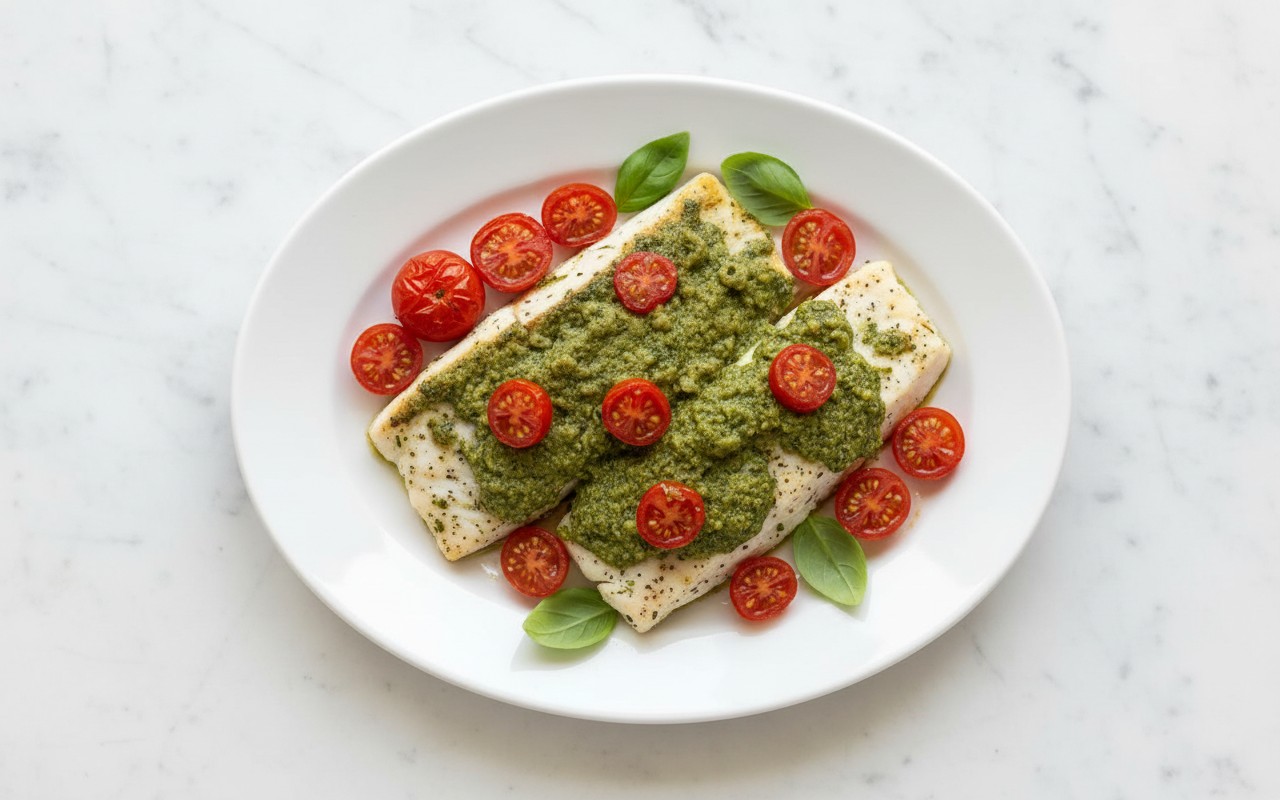 Pescado al Pesto con Tomates