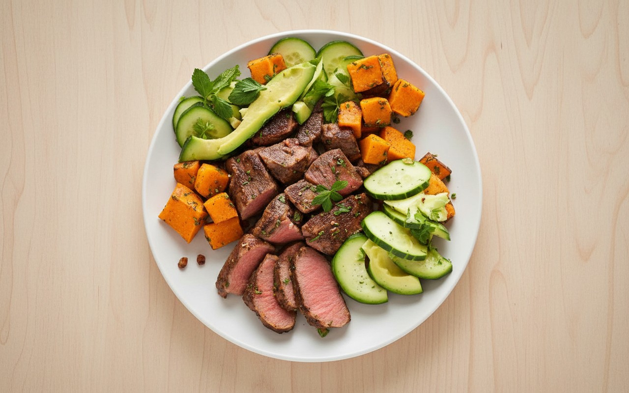 Carne con Camote y Ensalada de Pepino con Palta