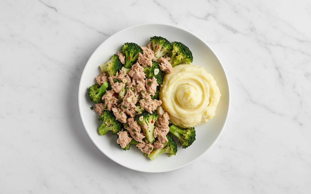 Puré de Papas con Ensalada de Atún y Brócoli