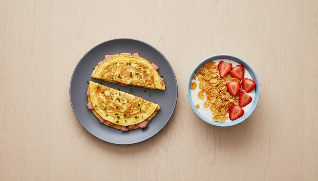 Bowl de Cereal con Yogurt y Fresas y Tortilla de Jamón