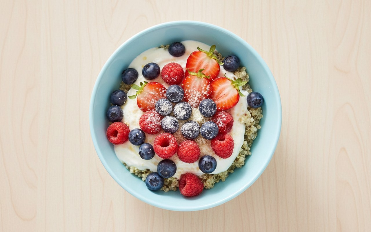 Protein Quinoa with Yogurt, Berries and Strawberries