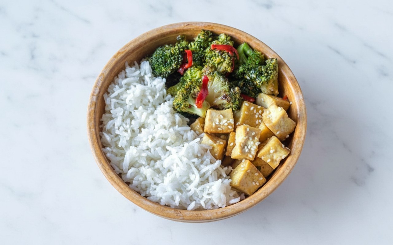 Fried Tofu with Rice and Broccoli